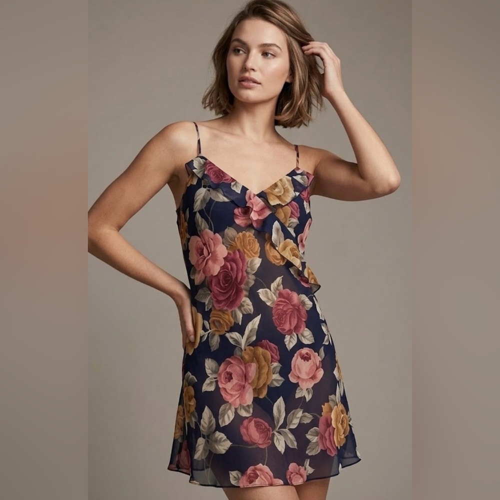 Vintage Victoria's Secret Floral Ruffled Sheer Chemise Slip Dress Lingerie XS